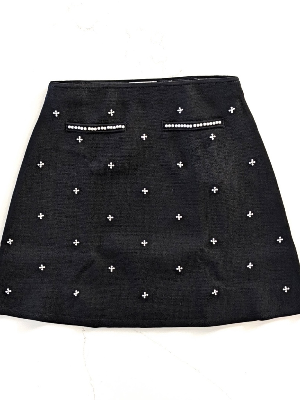 SANDRO Paris Lydie Knit Mini Skirt Black FR 36 Pearl Rhinestone Embellished NWT